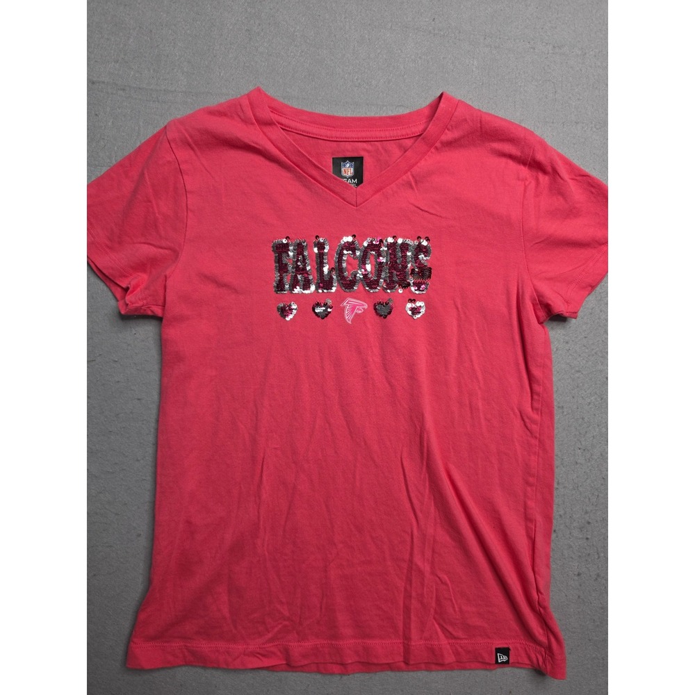 New Era Atlanta Falcons Football Shirt Girls 10-12 Red Logo Flip Sequin V-Neck
